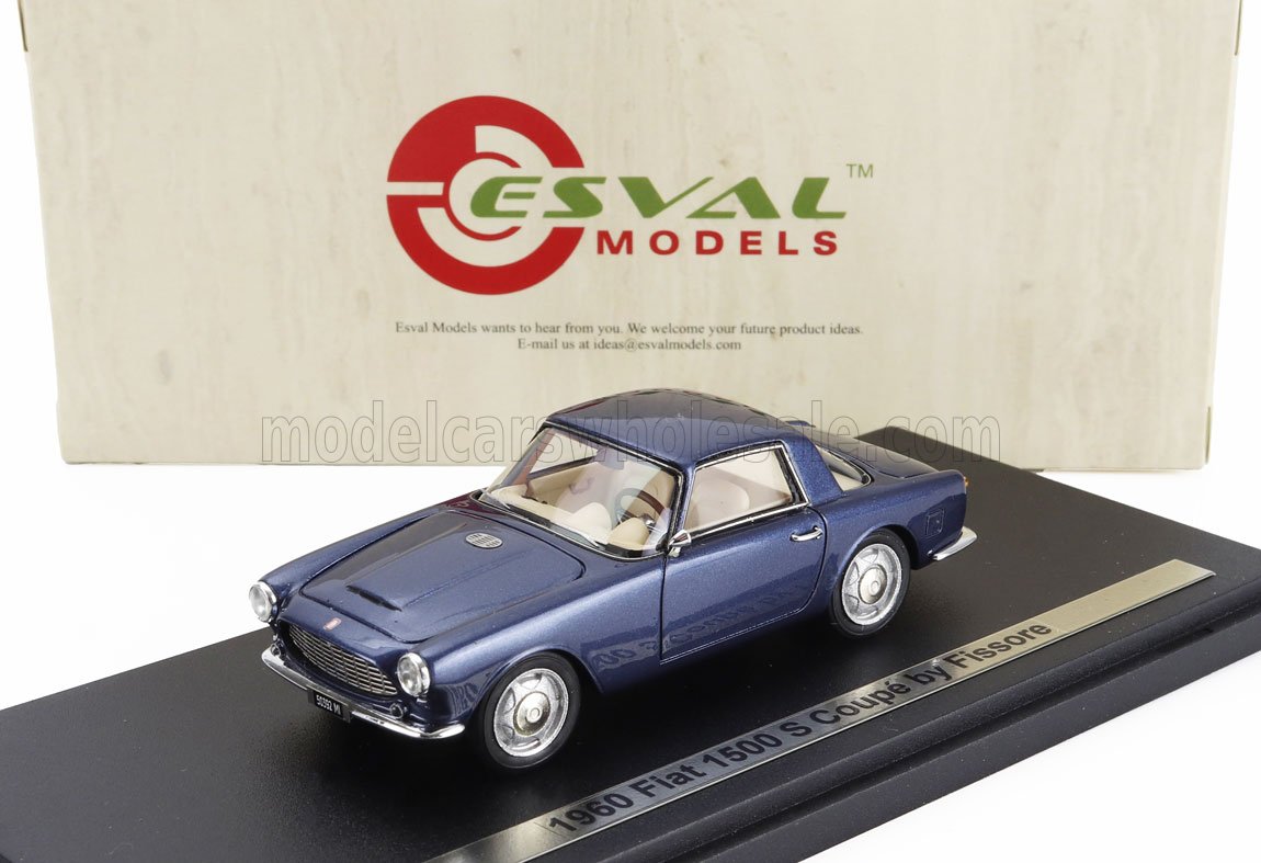Modelo Fiat 1500 S Coupé azul de 1960 de Fissore en expositor de Esval Models, ahora a la venta en Vroomi.
