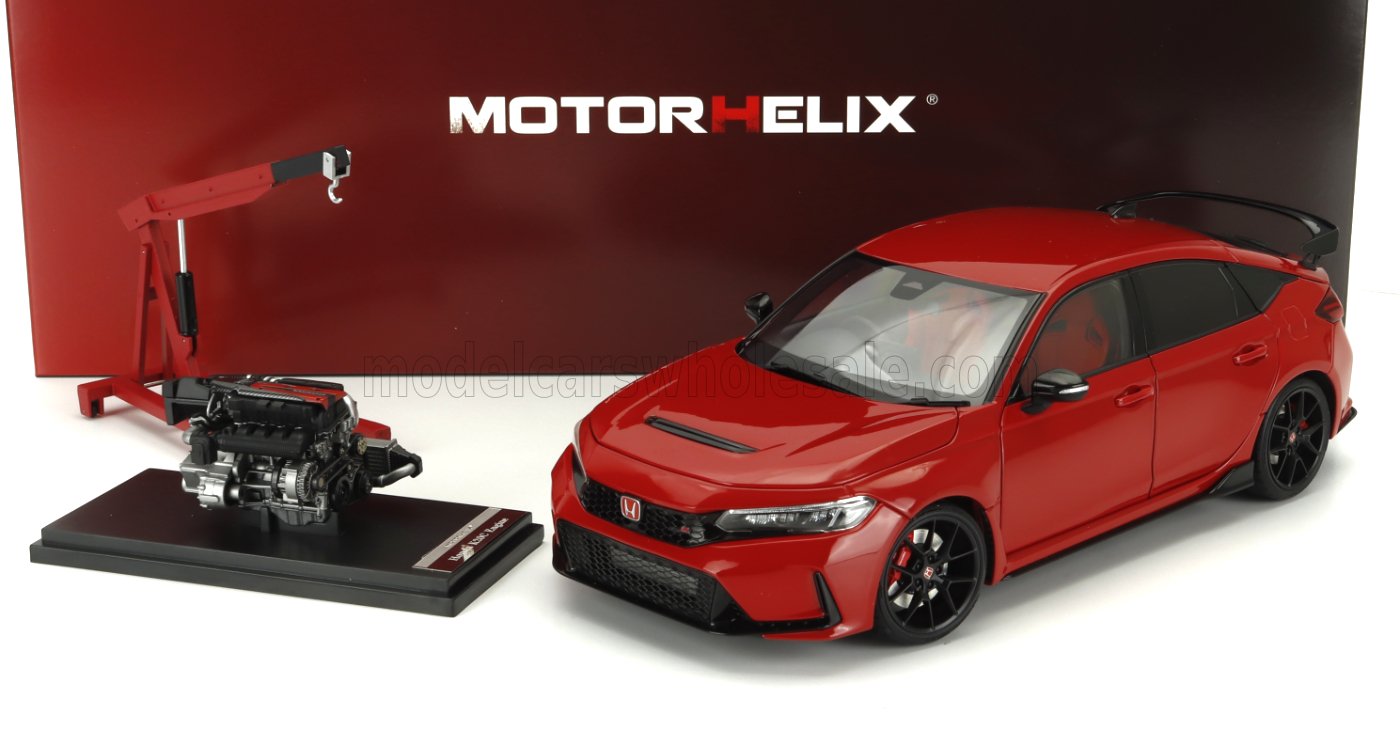Maqueta a escala roja del Honda Civic Type R con motor y grúa detallados, disponible en Vroomi.