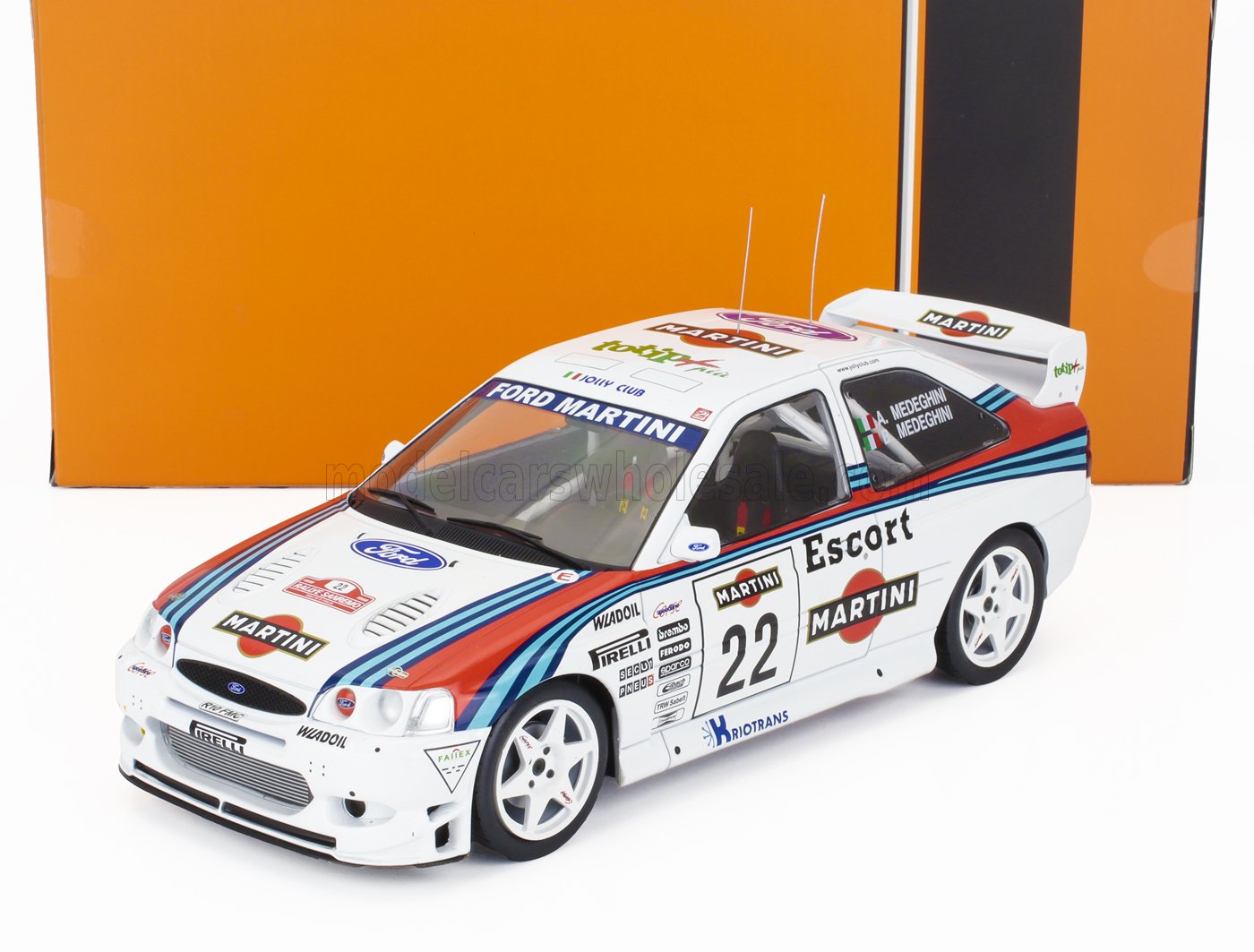 Coche de carreras Ford Escort Martini a escala 1/18, blanco con adhesivos de carreras, pieza de colección disponible en línea.