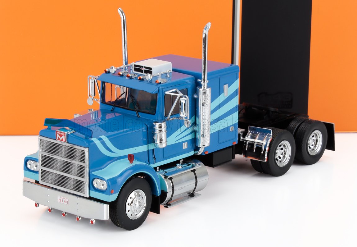 Blue Marmon classic semi-truck model with chrome details on white surface, now accessible on Vroomi