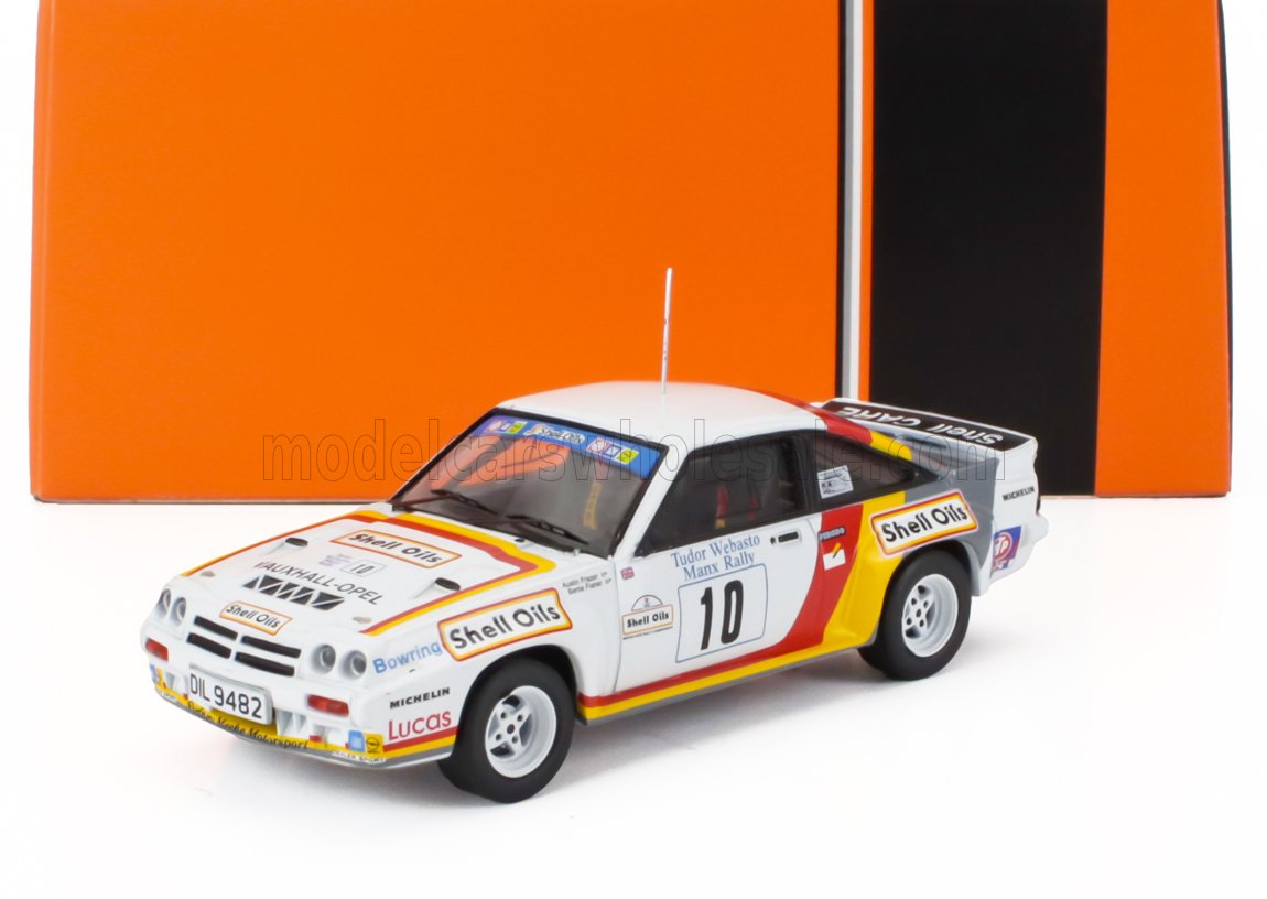 White and yellow Vauxhall Opel rally car model with Shell Oils branding, available on Vroomi