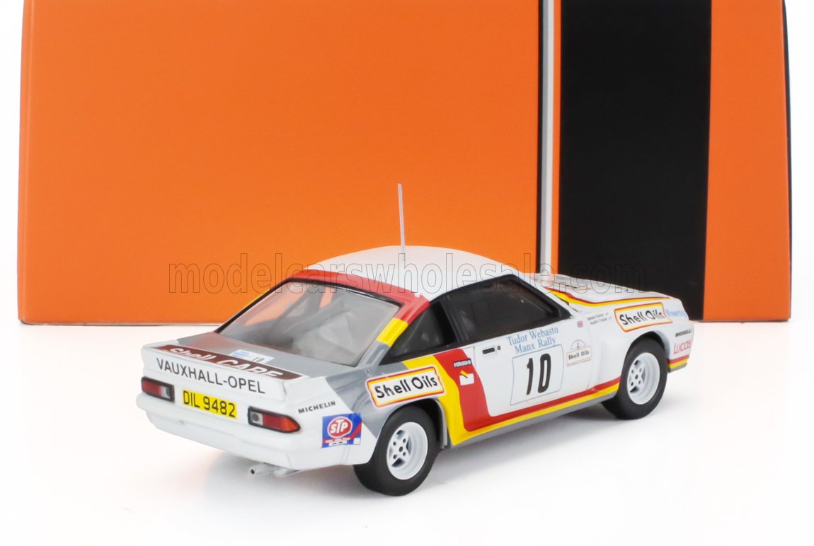 Vauxhall-Opel rally car model with Shell Oils livery, white with red and yellow accents, featured on Vroomi