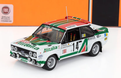 Modelo de coche de carreras Fiat Abarth 131 con los colores de Alitalia, número 14, disponible en Vroomi.