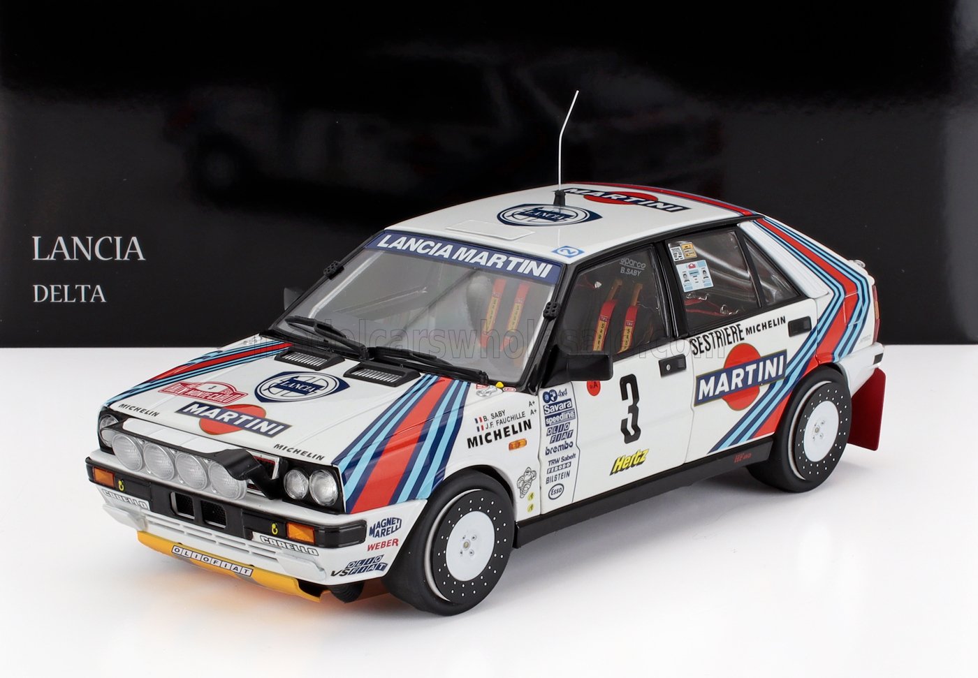 LANCIA - DELTA HF INTEGRALE 4WD TEAM MARTINI RACING (versión nocturna) N 3 GANADOR RALLY MONTECARLO 1988 BRUNO SABY - JEAN FRANCOIS FAUCHILLE - BLANCO AZUL ROJO