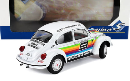 Modelo de coche VW Beetle blanco con adhesivos de Apple Computer Inc, rayas de colores, número 9 negro, vendido en Vroomi.