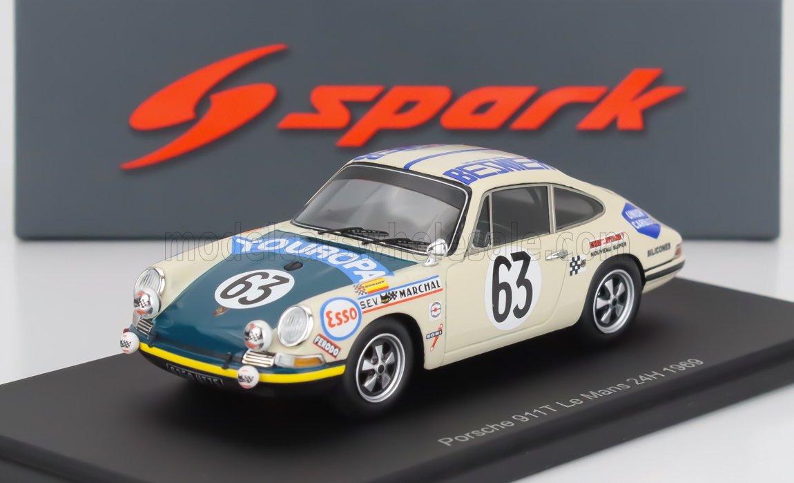 Spark scale model of a cream and blue Porsche 911T race car number 63 from Le Mans 24H 1968, available on Vroomi