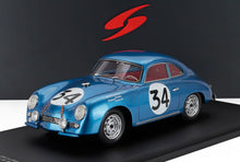 Blue vintage Porsche 356 race car model with number 34, showcased and available on Vroomi