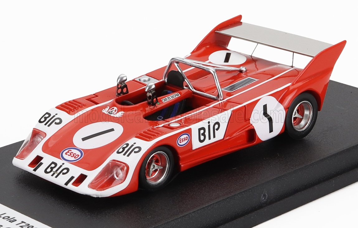Red and white scale model race car with roll cage and BIP, Esso logos, available for collectors.