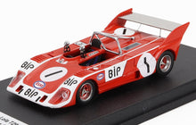 Red and white scale model race car with roll cage and BIP, Esso logos, available for collectors.