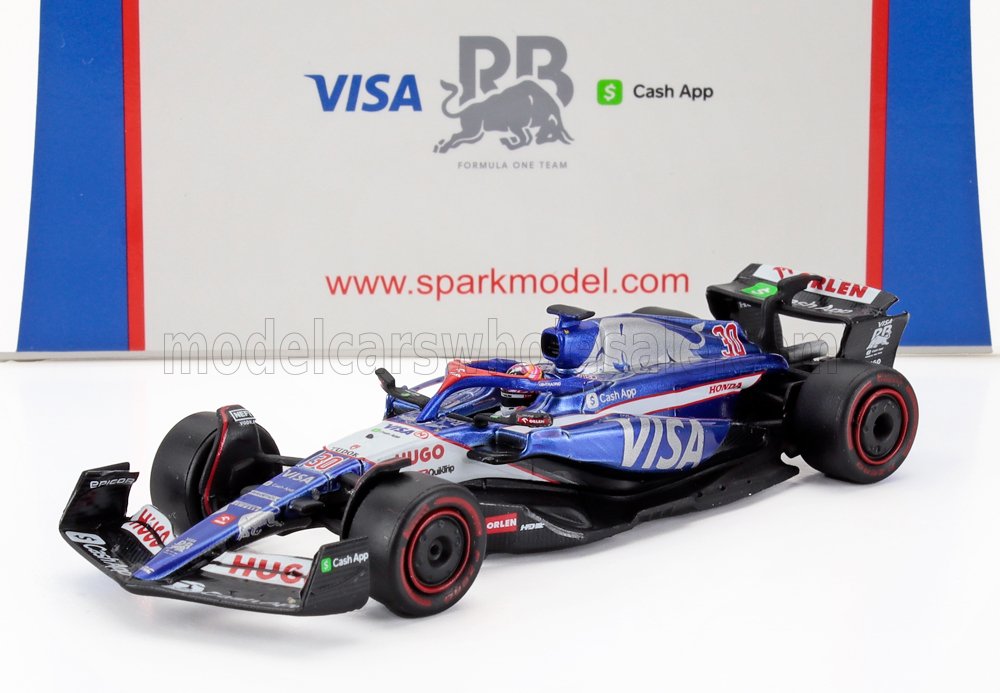 Modelo detallado en azul y blanco del coche de carreras Toro Rosso de Fórmula 1 con la marca VISA y Cash App, disponible en Vroomi.