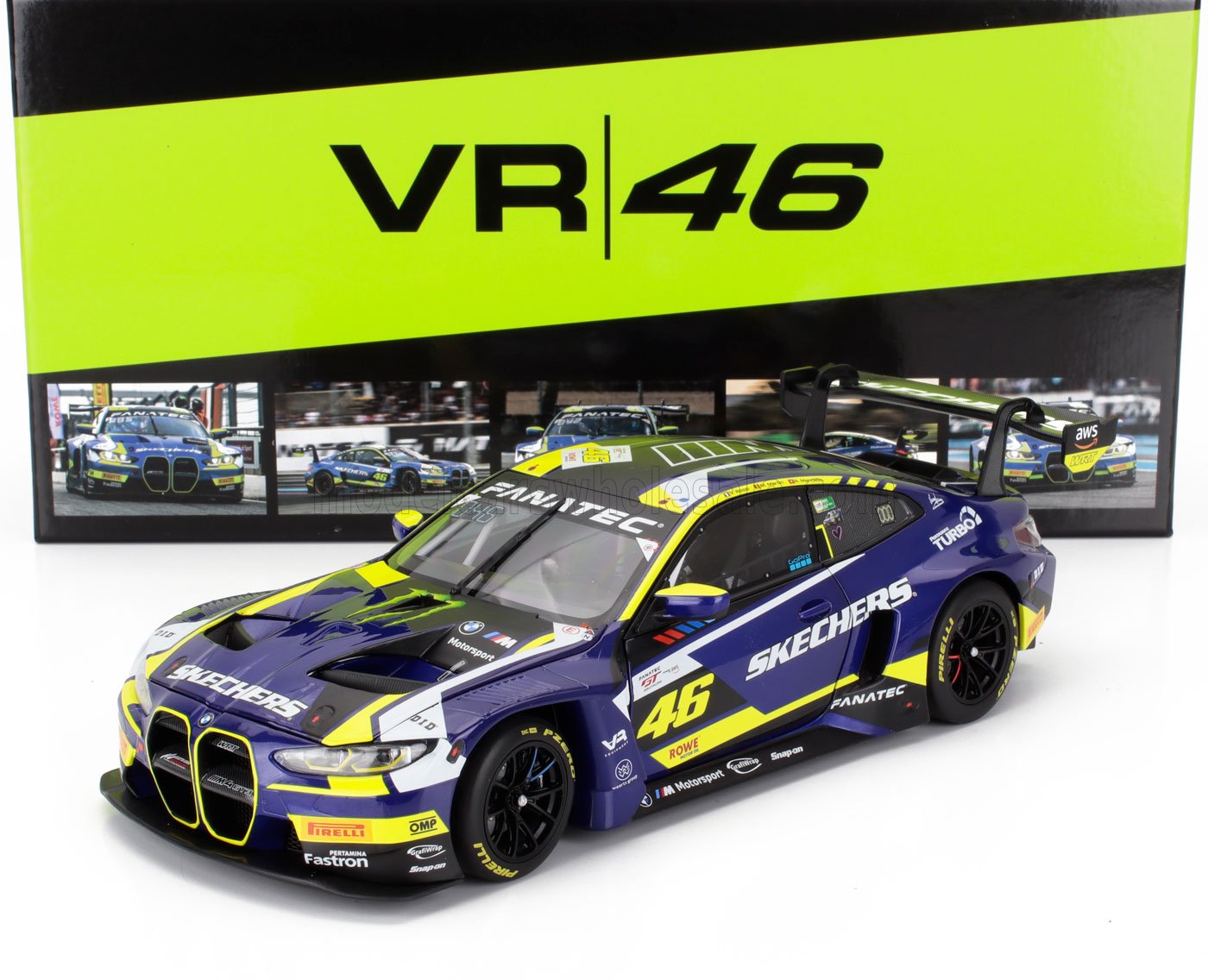 Modelo de coche de carreras BMW M4 GT3 azul y amarillo con logotipos VR46, disponible en la plataforma Vroomi.