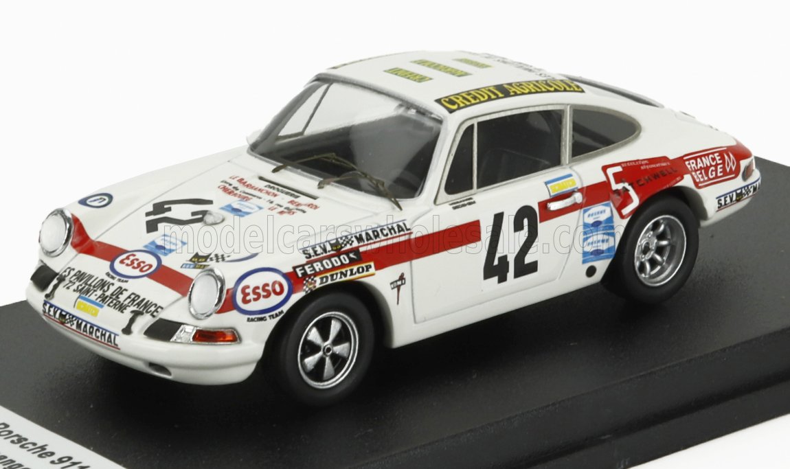 White classic Porsche 911 race car model with red stripe, number 42, and sponsor logos available on Vroomi