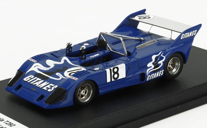 Blue Gitanes race car model with number 18, detailed decals on display stand, available via Vroomi