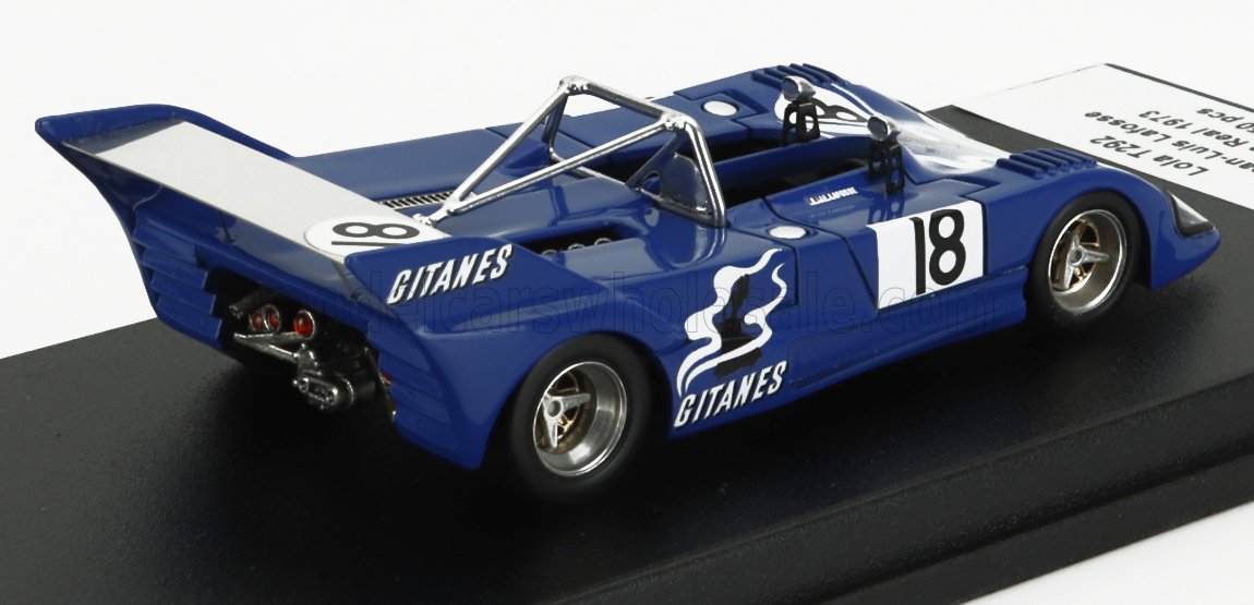 Blue vintage race car model with number 18 and Gitanes logo, available on Vroomi platform