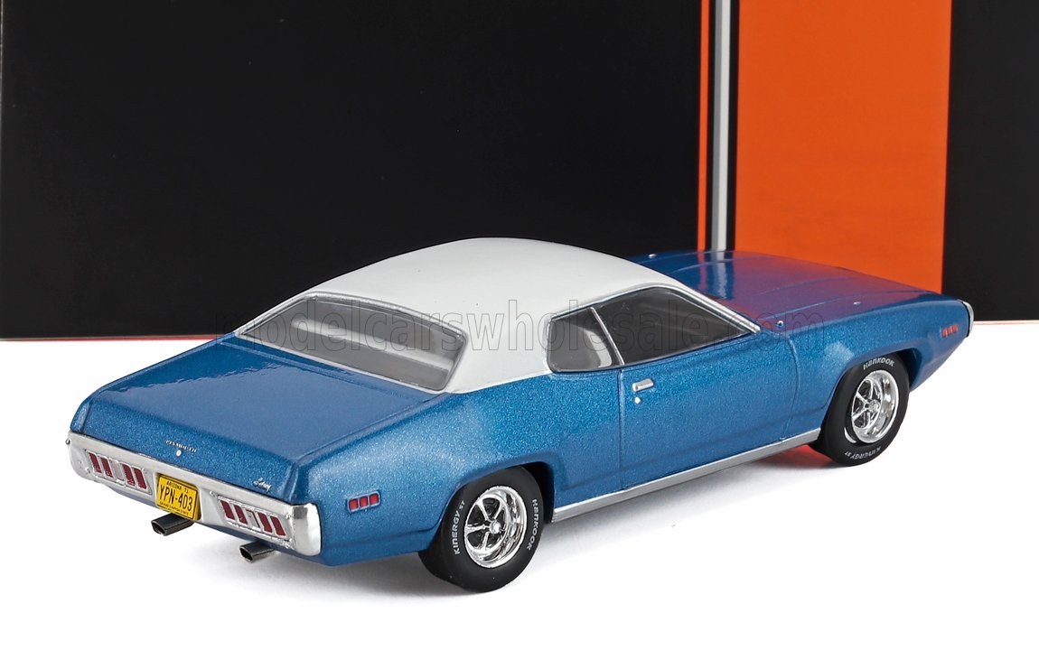 Blue 1972 Plymouth GTX scale model with white roof, detailed rear view, now offered on Vroomi