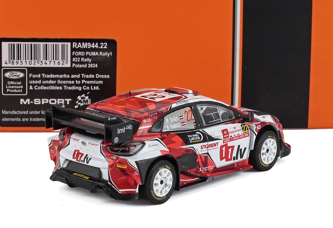 1:43 Ford Puma Rally1 #22, modelo de coche con decoración roja y blanca, disponible en Vroomi para coleccionistas.