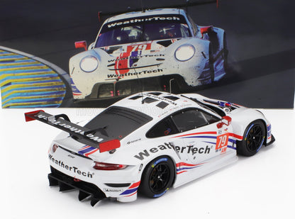 White WeatherTech Porsche 911 GT3 racing car model with red and blue accents, featured on Vroomi