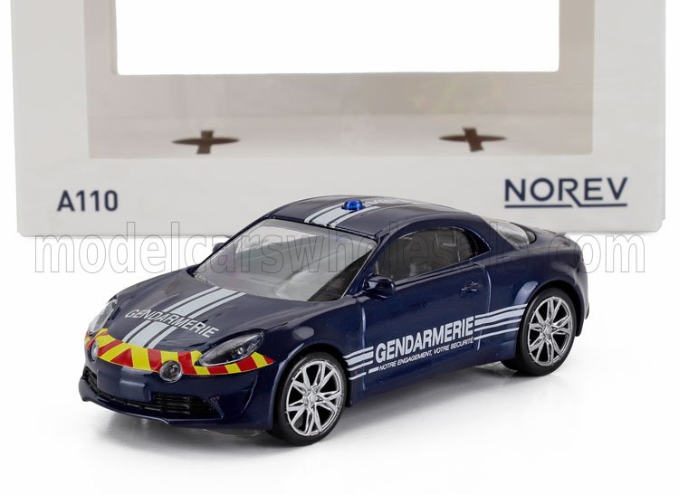 Modelo de coche azul de la Gendarmería con franjas delanteras rojas y amarillas, luz blanca en el techo, disponible en Vroomi.