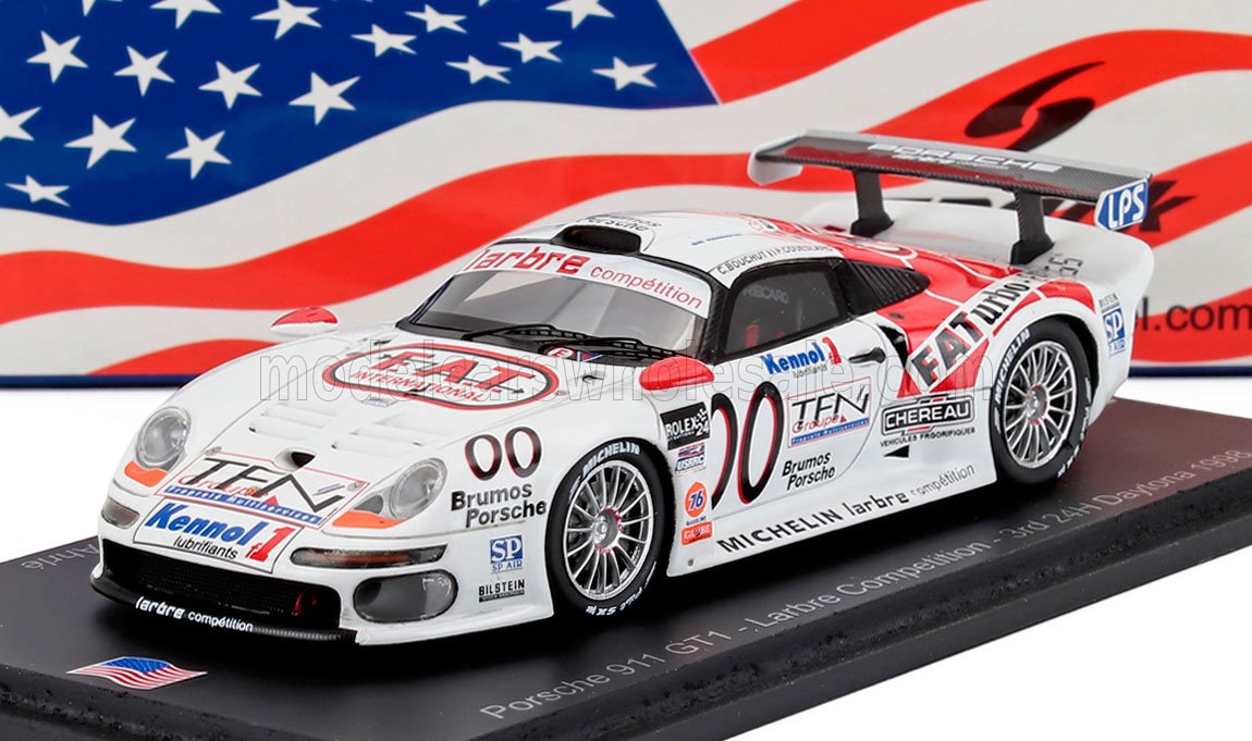 White Porsche 911 GT1 race car model with red accents and American flag backdrop, offered on Vroomi