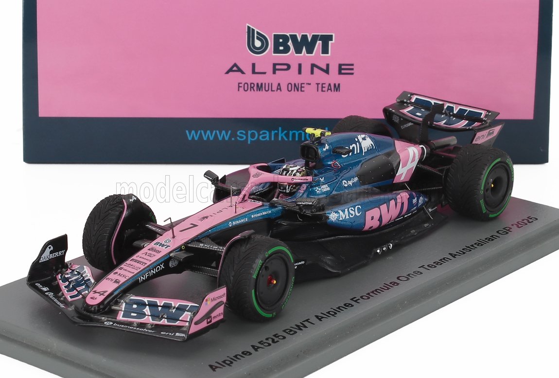 Maqueta a escala 1/18 del coche de Fórmula 1 Alpine BWT del Gran Premio de Australia 2023 en rosa y azul, disponible en Vroomi.