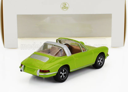 Coche de juguete Porsche 911 Targa vintage verde con barra antivuelco plateada, presentado en un embalaje blanco, disponible en Vroomi.
