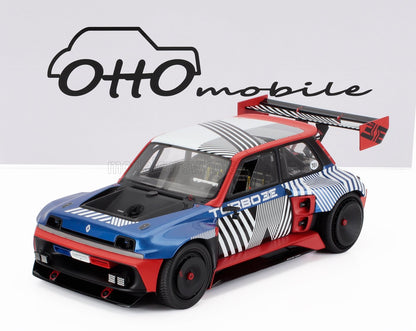Modelo de coche de carreras Renault Turbo 3E en azul, rojo y negro con calcomanías geométricas, disponible en Vroomi.