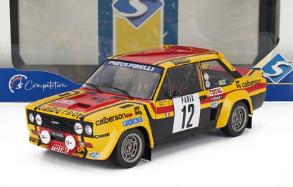 Modelo vintage de coche de rally Fiat amarillo y rojo con decoración Calberson, con el número 12, disponible en Vroomi.