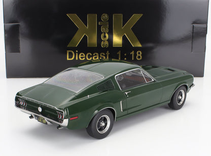 Modelo a escala 1:18 de color verde del clásico Ford Mustang con caja negra y dorada a escala K, disponible en Vroomi.