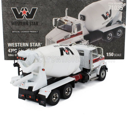 Modelo de camión hormigonera Western Star 4700 a escala 1:50 con un detallado diseño en blanco y rojo, disponible en Vroomi.