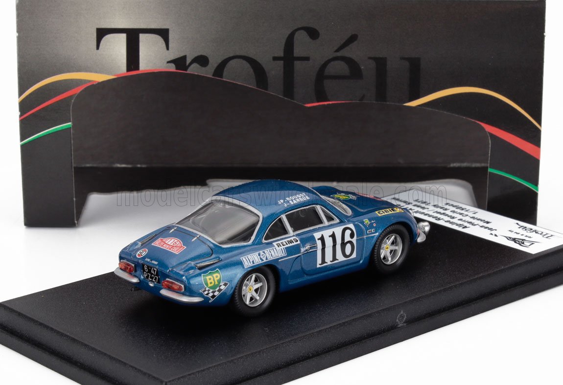 Blue Alpine Renault 116 race car model with BP and Cibie decals on black base, offered via Vroomi