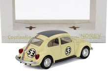 Coche de juguete Volkswagen Beetle vintage amarillo con el número 53 y rayas de carreras, disponible en Vroomi.