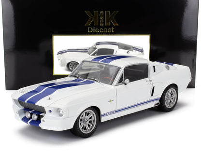 Coche de juguete GT500 blanco con rayas azules de carreras en caja KK Scale negra, disponible en Vroomi.