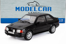 Coche modelo Ford Escort a escala 1:18, fabricado en metal fundido a presión, de color negro, con caja, disponible en Vroomi.