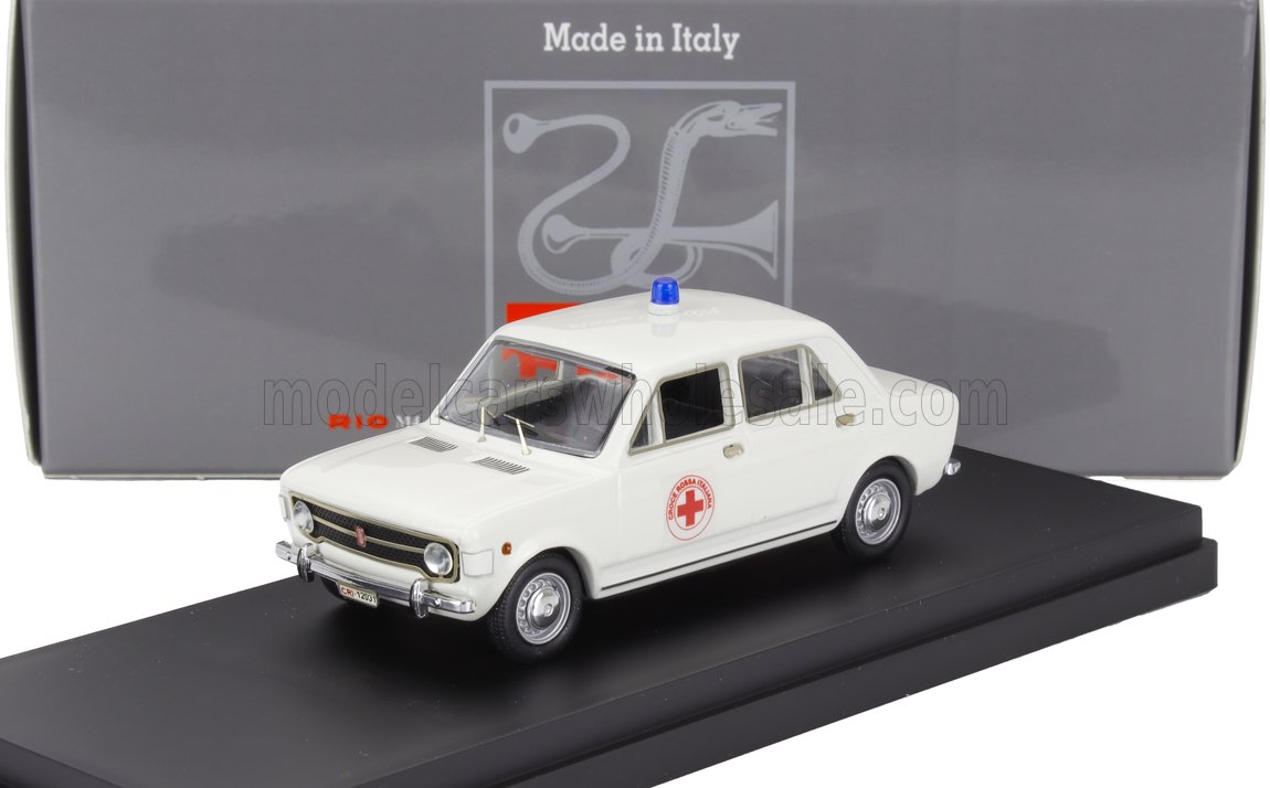 Modelo de coche blanco de la Cruz Roja Italiana con luz azul en el techo, expuesto sobre un soporte negro, disponible en Vroomi.