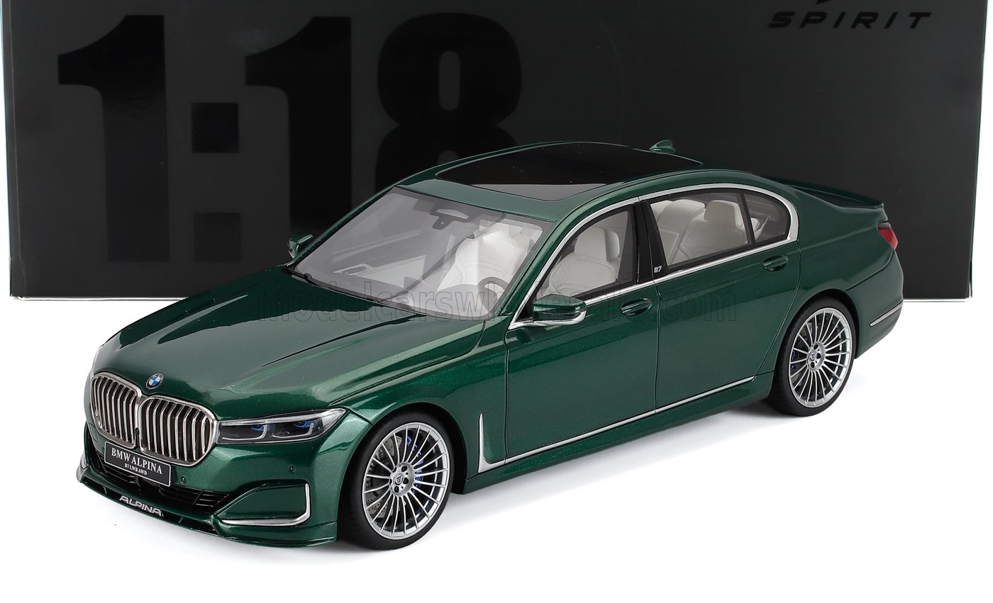 Maqueta a escala 1:18 del sedán de lujo BMW Alpina B7 verde con interior blanco, disponible en Vroomi.