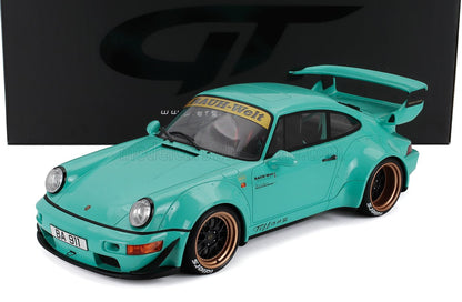 Maqueta a escala del Porsche 911 en azul Tiffany RWB con kit de carrocería ancha, llantas de cobre y alerón trasero, disponible en Vroomi.