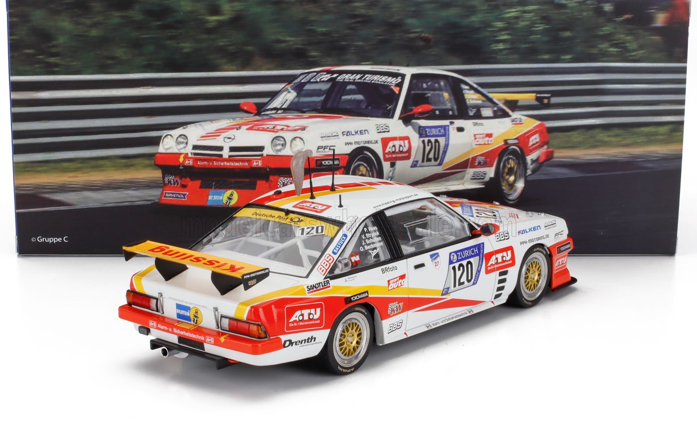 Detailed Opel Manta GTE race car model with white, red, yellow livery and sponsorship, offered on Vroomi