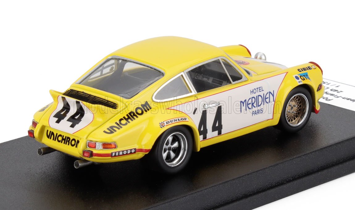 Modelo vintage amarillo de coche de carreras Porsche 911 con el número 44, patrocinado por Hotel Meridien, disponible en Vroomi.