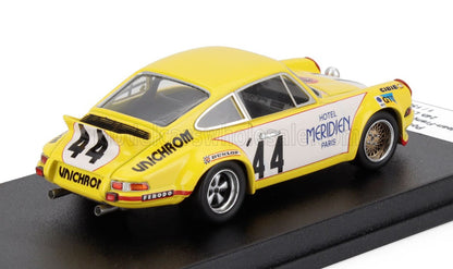 Modelo vintage amarillo de coche de carreras Porsche 911 con el número 44, patrocinado por Hotel Meridien, disponible en Vroomi.