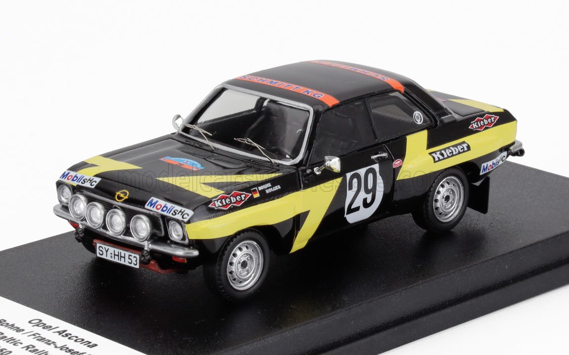 Black and yellow Opel Ascona rally car model with number 29 and sponsor decals, available on Vroomi