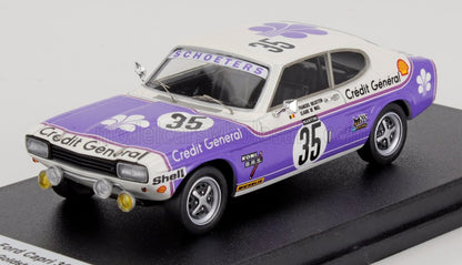 Modelo de coche de carreras Ford Capri 2600 RS en morado y blanco con logotipos de Crédit Général, disponible en Vroomi.