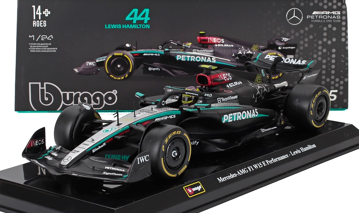 Maqueta a escala 1:24 del Mercedes-AMG F1 W15 E Performance de Lewis Hamilton con los colores de Petronas, disponible en Vroomi.
