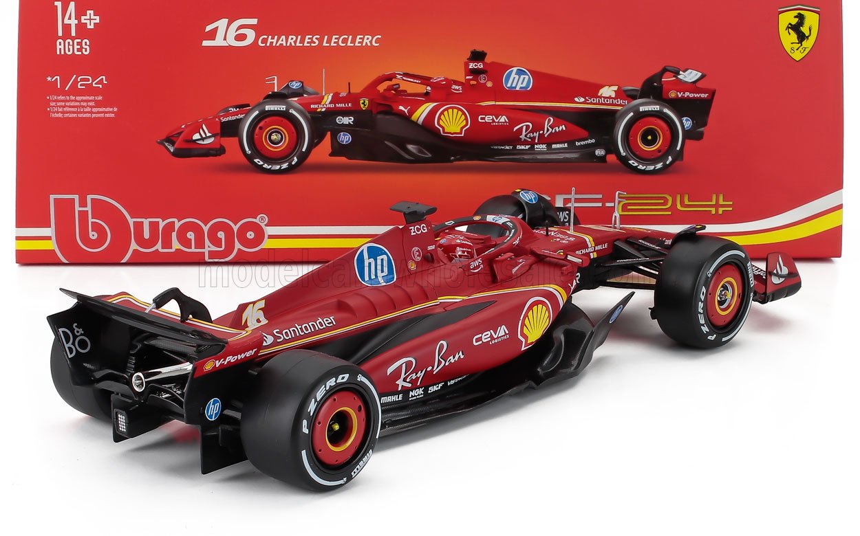 Maqueta de coche Ferrari F1-24 Charles Leclerc a escala 1:24 de Bburago, réplica detallada de competición, disponible en Vroomi.