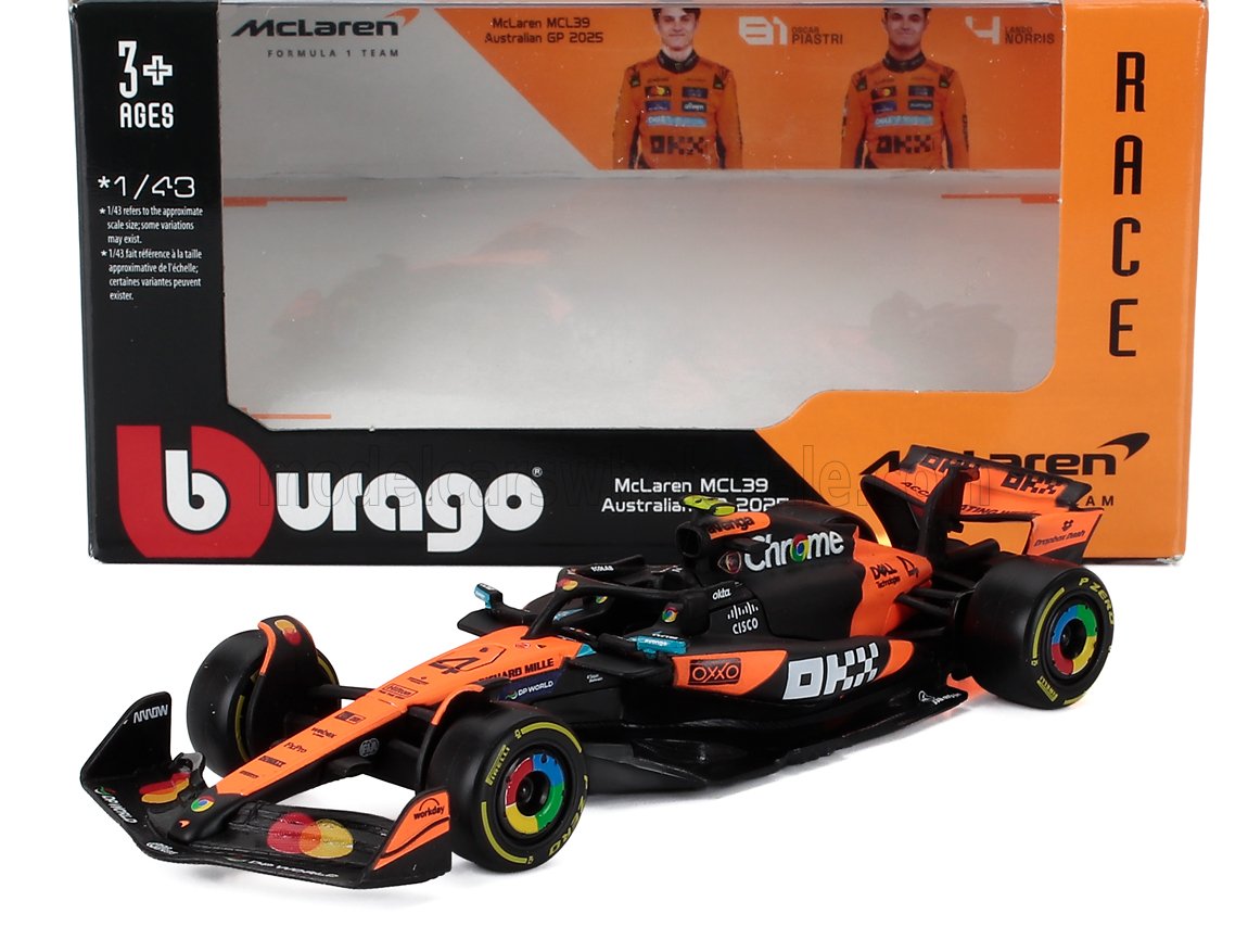 Coche a escala 1/43 McLaren MCL39 Fórmula 1 2023 en naranja y negro, ya disponible en Vroomi.