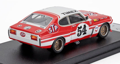 Coche de carreras vintage rojo y blanco, modelo número 54, con los logotipos de STP y Timex, también disponible en Vroomi.