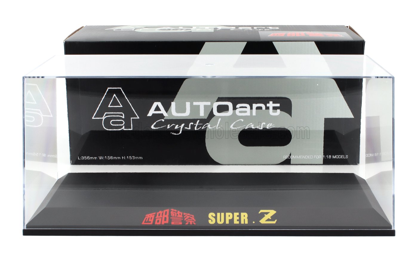 Caja expositora Autoart Crystal Case con soporte para modelo Super Z, disponible a través del socio Vroomi.