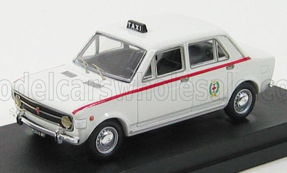 Modelo de taxi vintage blanco con franja roja y letrero de taxi en el techo, disponible en Vroomi.