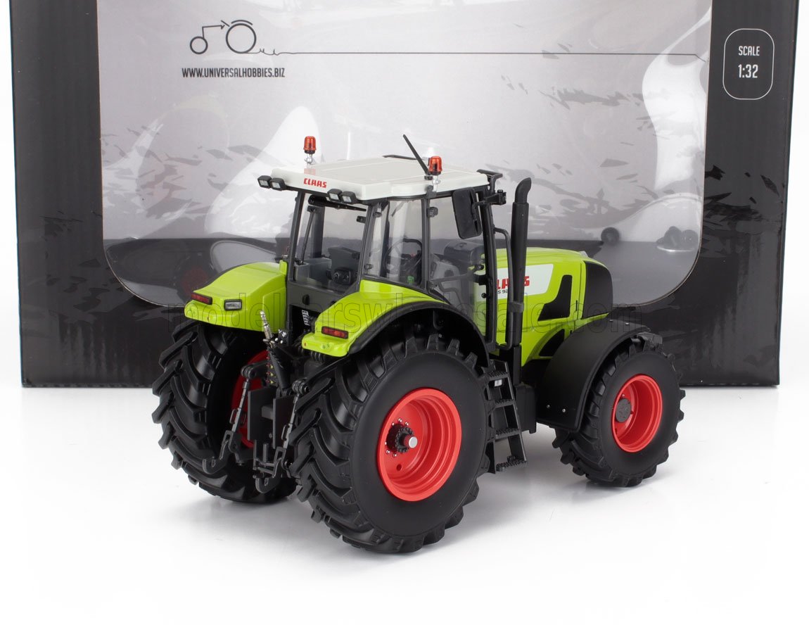 Modelo a escala 1:32 del tractor Claas, fabricado en metal fundido a presión, con carrocería verde y ruedas rojas, disponible en Vroomi.