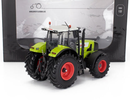 Modelo a escala 1:32 del tractor Claas, fabricado en metal fundido a presión, con carrocería verde y ruedas rojas, disponible en Vroomi.
