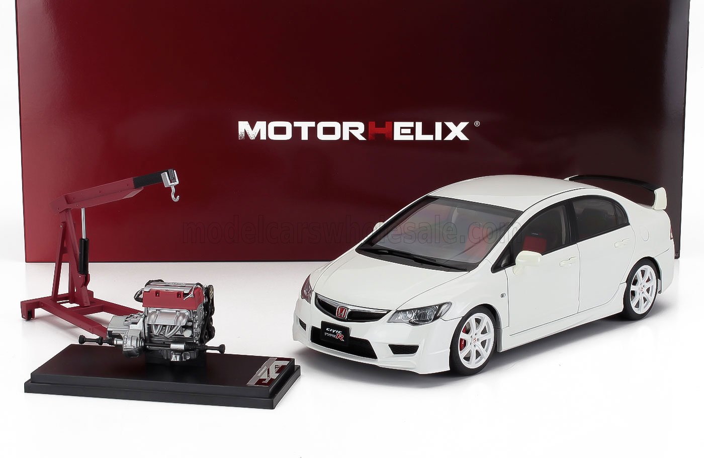 Modelo Honda Civic Type R blanco con motor y elevador, disponible en Vroomi.